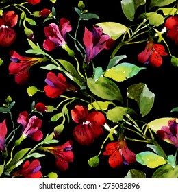 Seamless pattern watercolor flowers on black background, paper, textile, fabric, wrapper, wallpaper vector illustration