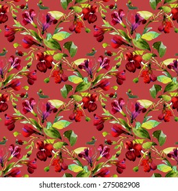 Seamless pattern watercolor flowers on red background, paper, textile, fabric, wrapper, wallpaper vector illustration