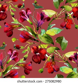 Seamless pattern watercolor flowers on red background, paper, textile, fabric, wrapper, wallpaper vector illustration