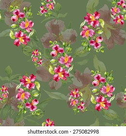 Seamless pattern watercolor flowers on green background, paper, textile, fabric, wrapper, wallpaper vector illustration