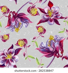 Seamless pattern with watercolor flowers on grey grunge background