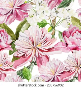 Seamless pattern with watercolor flowers.  Peonies. Vector illustration
