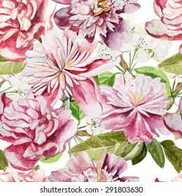 Seamless pattern with watercolor flowers.  Peonies. Vector illustration