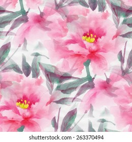 Seamless pattern with watercolor flowers.  Pink peony.  Vector illustration.