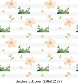 Seamless pattern with watercolor flowers and plants. Hand drawn meadow background. Watercolor fairy woodland. 