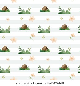 Seamless pattern with watercolor flowers and plants. Watercolor fairy woodland. Hand drawn meadow background. 