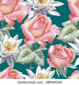 Seamless pattern with watercolor flowers. Rose and lily. Vector. Hand drawn.