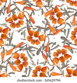 Seamless pattern with watercolor flowers. Tiger lilies. Vector illustration.