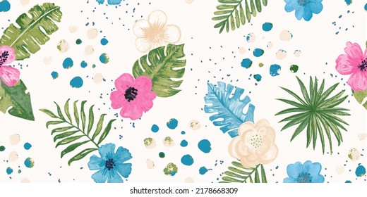 Seamless pattern with watercolor flowers, tropical leaves and hand-drawn details. Floral background for the design of textiles, covers, wallpapers, fabric, promotional material and more. Vector illust