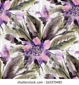 Seamless pattern with watercolor flowers. Vector illustration.