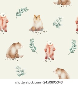 Seamless pattern with Watercolor forest cute Bear, green leaves, plants and branches. Greenery nature leaves decorative background perfect for fabric textile packaging 