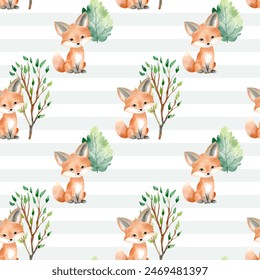 Seamless pattern with watercolor fox and trees. Cute woodland. Animal wildlife backgrounds. 