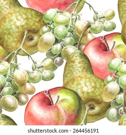 Seamless pattern with watercolor fruits. Hand drawn.