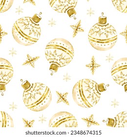 Seamless pattern of watercolor gold yellow shiny Christmas balls and snowflakes