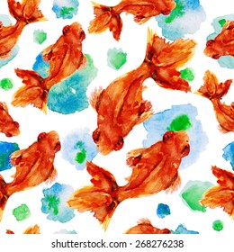 Seamless pattern watercolor goldfish. Isolated fish and blue drops.