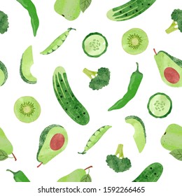 Seamless pattern with watercolor green vegetables and fruits.
