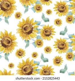 Seamless pattern watercolor hand drawn sunflowers vector illustration.