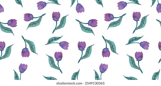 Seamless pattern of watercolor hand drawn abstract purple decorative tulips, vector background, paper, textile, fabric