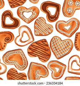 Seamless pattern of watercolor heart shape gingerbread cookies. Vector illustration. Valentine's heart pattern.