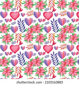  Seamless pattern with watercolor heart. Valentine's Day background, Beautiful vector floral summer seamless pattern with watercolor hand-drawn field wild flowers. Stock illustration.