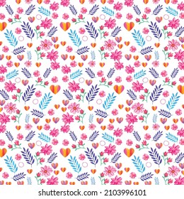 Seamless pattern with watercolor heart. Valentine's Day background, Beautiful vector floral summer seamless pattern with watercolor hand-drawn field wild flowers. Stock illustration.