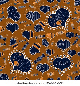 Seamless pattern watercolor hearts seamless background. Colorful watercolor romantic texture. Vector illustration. Brown, blue and white watercolor heart pattern.