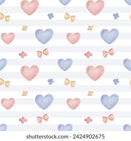 Seamless pattern with watercolor hearts flowers bows. Cute childish wallpaper. Vector background in pastel colors