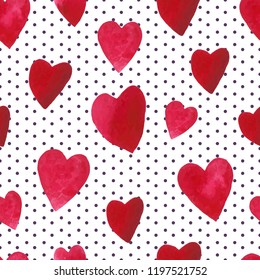 seamless pattern with watercolor hearts on dots background