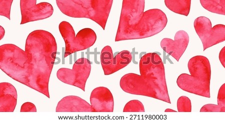 Seamless pattern with watercolor hearts, red and pink colors, symbolizing love for wedding or Valentines Day decoration, vector illustration.