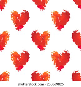 Seamless pattern with watercolor  hearts. Sloppy strokes of a paint. 