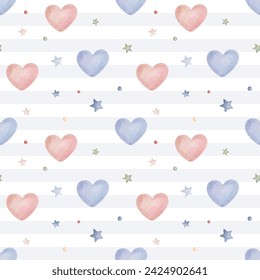 Seamless pattern with watercolor hearts and stars. Cute childish wallpaper. Vector background in pastel colors