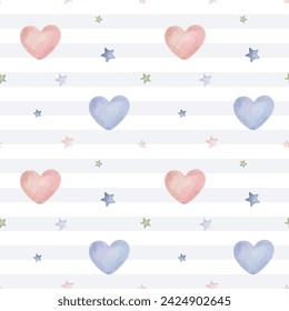 Seamless pattern with watercolor hearts and stars. Cute childish wallpaper. Vector background in pastel colors