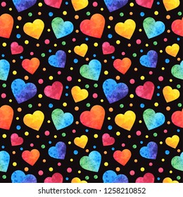 Seamless pattern with watercolor hearts, valentines day background wrapping. Vector eps10.