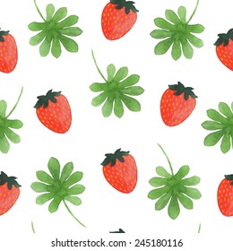 Seamless pattern with watercolor illustration of a strawberry on a white background.