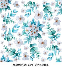 Seamless Pattern from Watercolor illustration of WHITE FLOWERS and EUCALYPTUS on white background