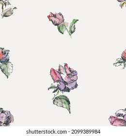 Seamless pattern from watercolor and ink drawings of delicate roses with buds