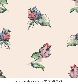 Patrón inexorable de acuarela y dibujos de tinta de barras delicadas de rosas