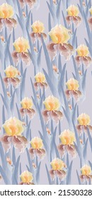 Seamless pattern of Watercolor Irises. Seamless Watercolor floral pattern for textiles, fabrics, wall-coverings. Seamless pattern of spring flowers and leaves for fabrics, wallpaper, interior.