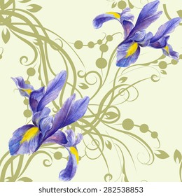 Seamless pattern with watercolor Irises grey light green background with a silhouette of vegetation