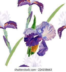 Seamless pattern with watercolor irises. Vector illustration