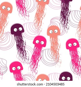 Seamless pattern with watercolor jellyfish on white background. Hand drawn illustration Ocean fauna in quartz and serenity colors on white background