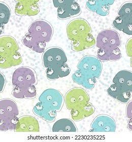 Seamless pattern with watercolor jellyfish on blue background. Hand drawn illustration