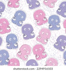 Seamless pattern with watercolor jellyfish on blue background. Hand drawn illustration