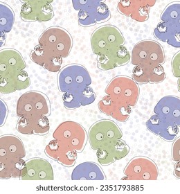 Seamless pattern with watercolor jellyfish on blue background. Hand drawn illustration