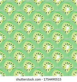 Seamless pattern with watercolor kiwi fruit slices on white background
