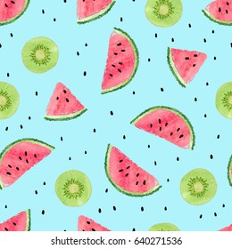 Seamless pattern with watercolor kiwi fruit and watermelon slices. Summer vector background.