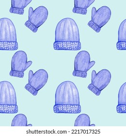 Seamless pattern with watercolor knitted mittens and hats. For printing wrapping paper, wallpaper, packaging, fabric. Hand Drawn vector illustration.