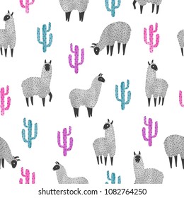 Seamless pattern with watercolor lama and cactus. Vector background.