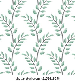 Seamless pattern of watercolor leaves. Floral green leave and branches background. Modern tile. Cute ceramic design. Wallpaper with plant. Batik. Vector illustration