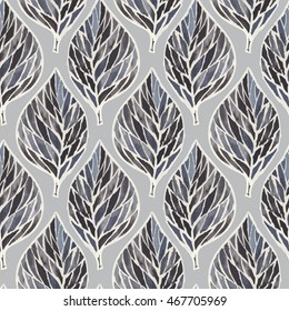 seamless pattern from watercolor leaves on a grey background